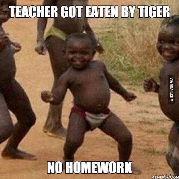 &quot;Учителя съел тигр. Не будет домашки!&quot; Взято с 9gag.  9gag, Африка, смешное